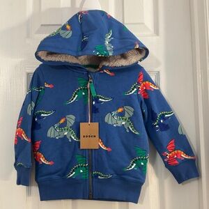 NWT Mini Boden Baby Boy Blue Hoodie with Colorful Dragon Print & Sherpa interior